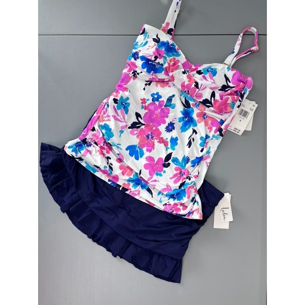 Leilani women's 8 2pc navy floral tankini swim set skirted bottoms slimming‎